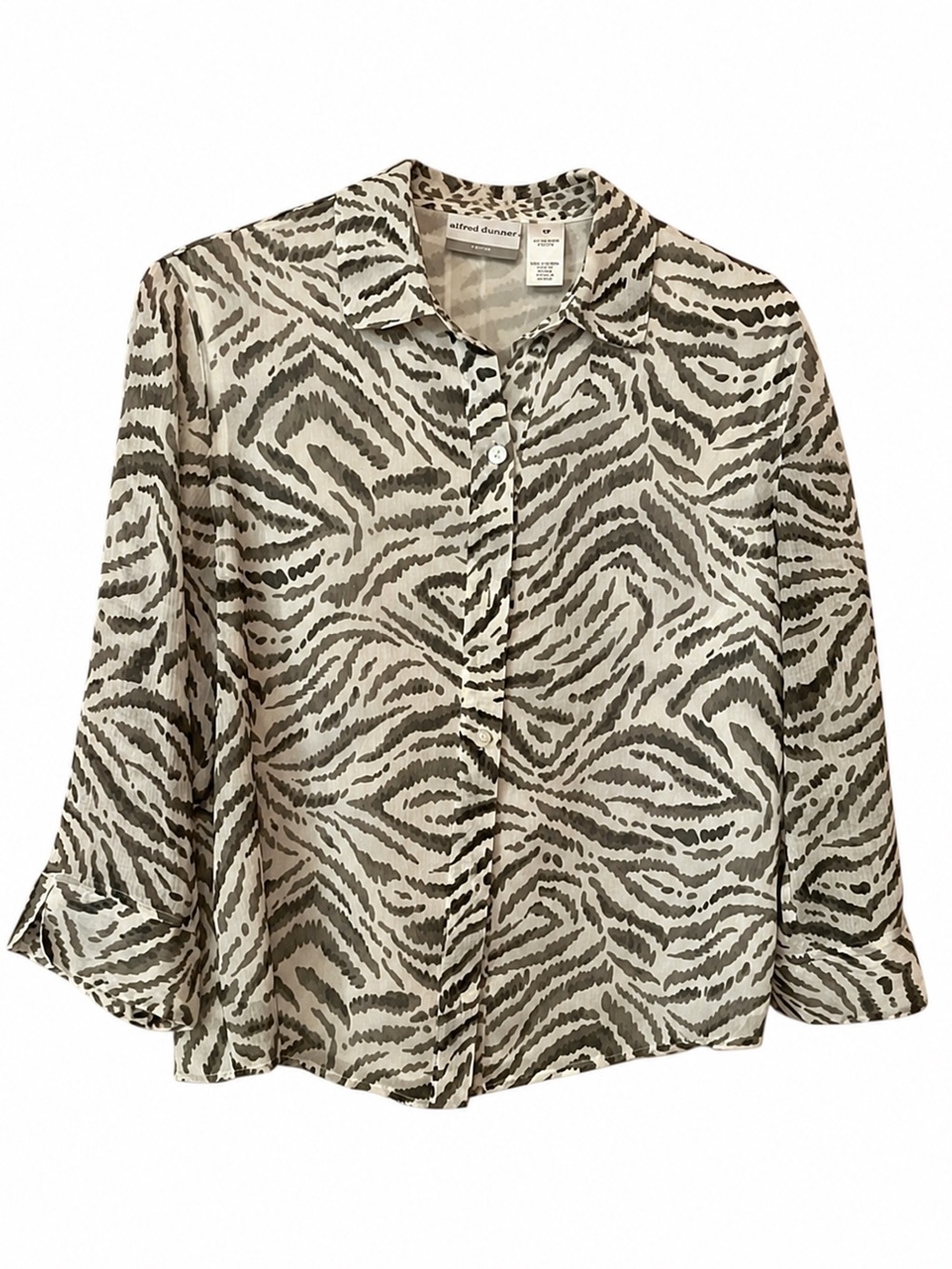 Alfred Dunner Petite Gray Zebra Stripe Lined Sheer Button Front Blouse Size 10P - Picture 3 of 5